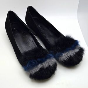 Vaneli Black Flats with Blue and Gray Fur Accents